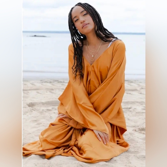 Anthropologie Satin Kaftan Tie Front Maxi Dress OS Adjustabe In Bronze NWT$200 - Picture 10 of 13